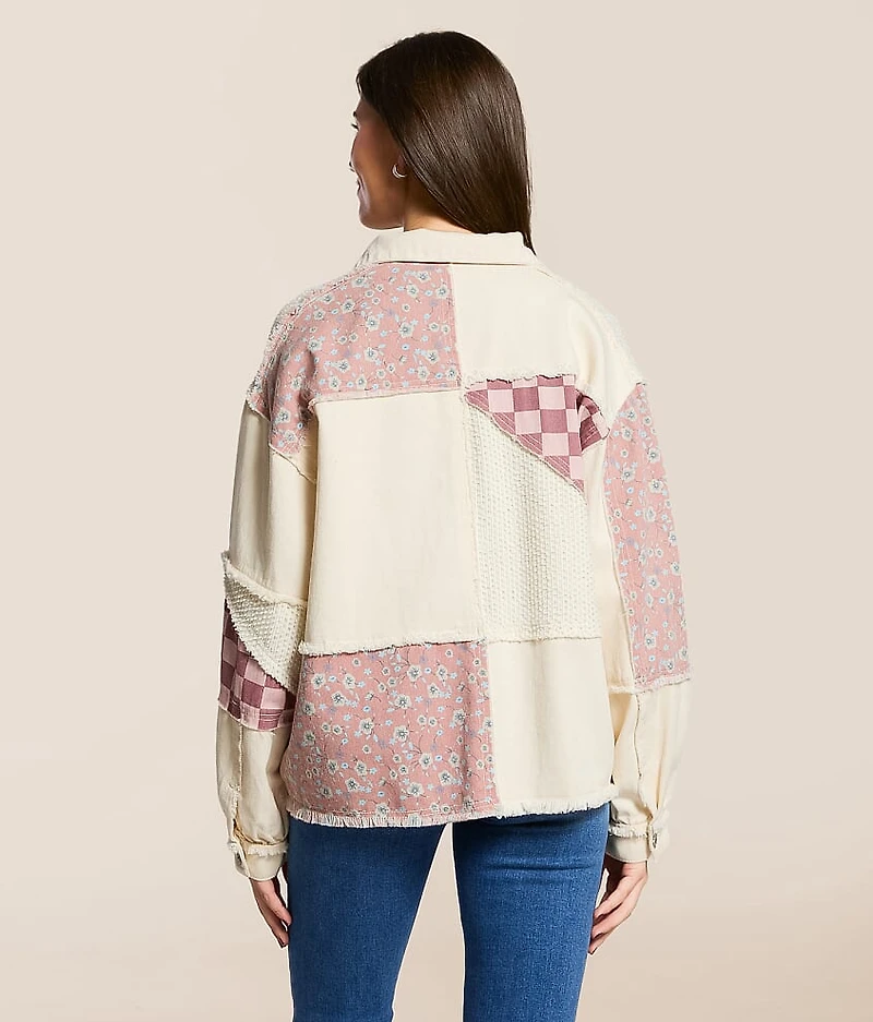 Pieced Floral Checkered Denim Shacket