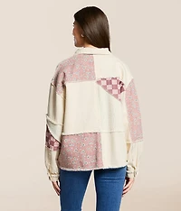 Pieced Floral Checkered Denim Shacket