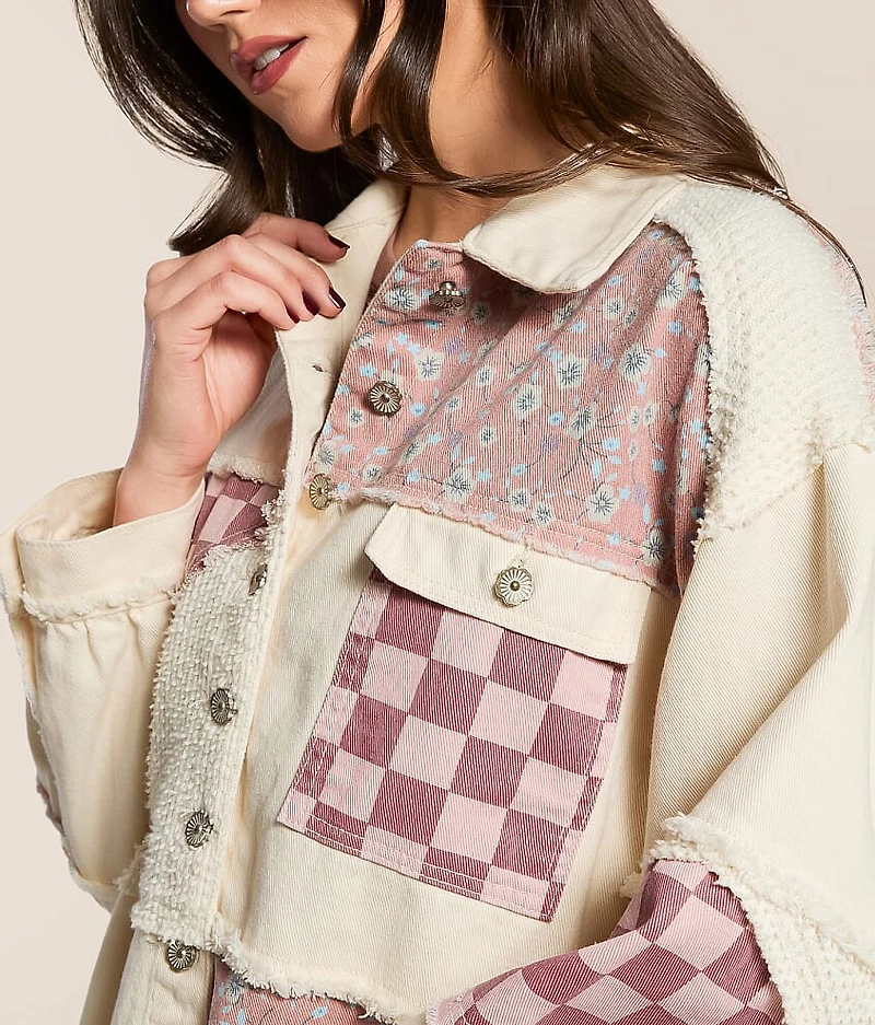 Pieced Floral Checkered Denim Shacket