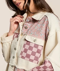 Pieced Floral Checkered Denim Shacket