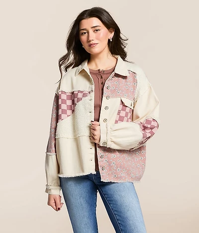 Pieced Floral Checkered Denim Shacket