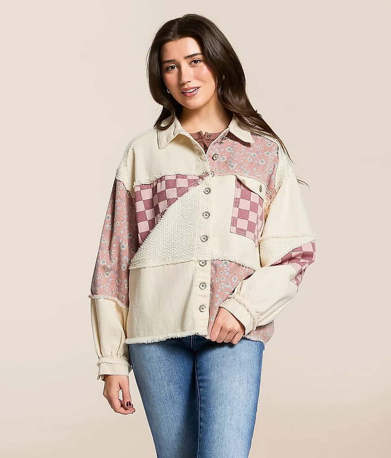 Pieced Floral Checkered Denim Shacket