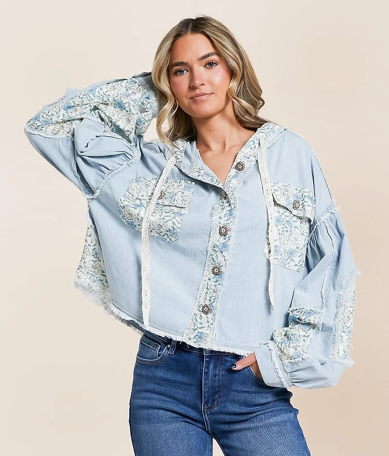 Pieced Floral Chambray Shacket