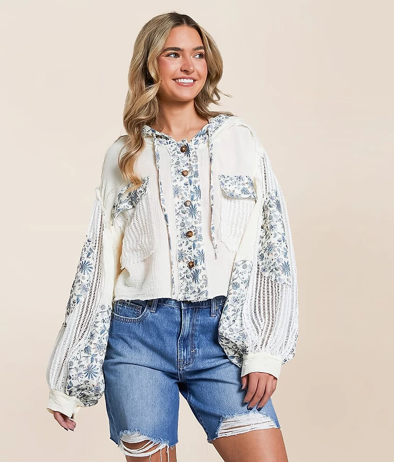 Pieced Floral Hooded Shacket