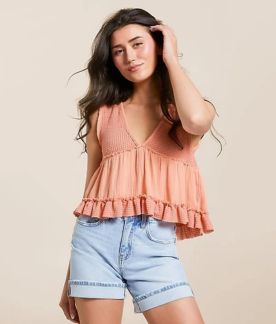 POL Pieced Ruffle Cropped Tank Top