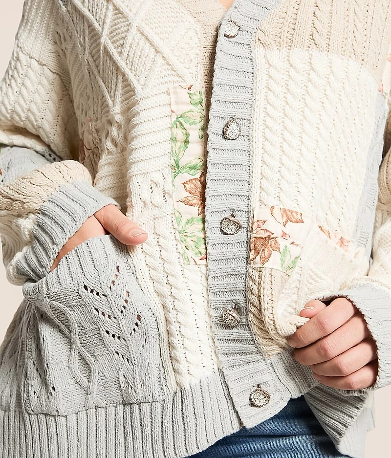 Pieced Floral Cable Knit Cardigan Sweater