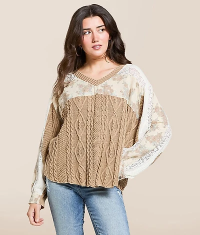 Pieced Cable Sweater Knit Pullover