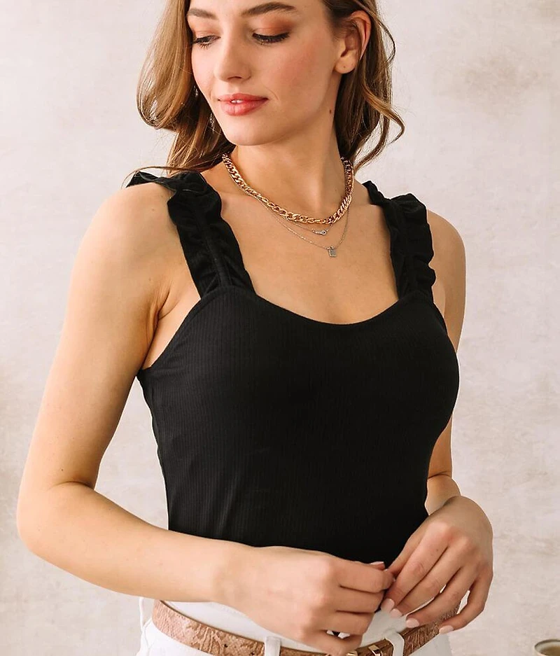 Ribbed Ruffle Strap Tank Top