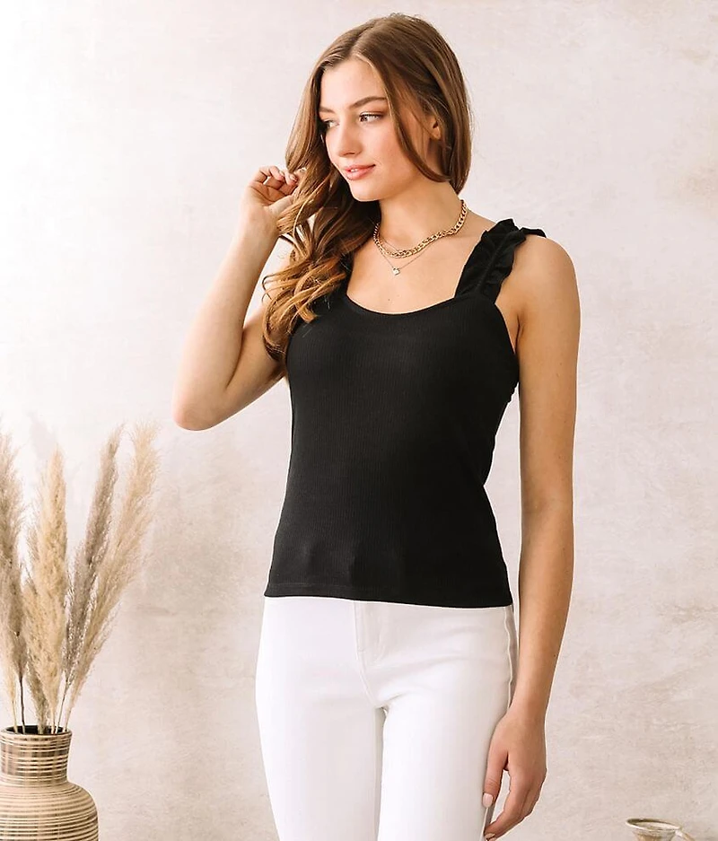 Ribbed Ruffle Strap Tank Top