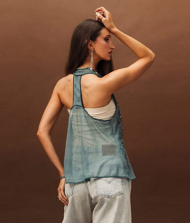 Embellished Mesh Tank Top