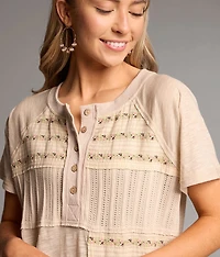 Pieced Floral Embroidered Henley