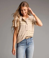 Pieced Floral Embroidered Henley