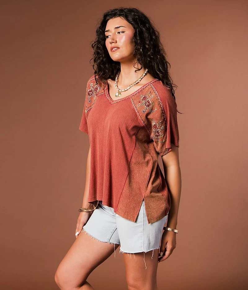 Pieced Floral Embroidered Top