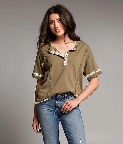 Floral Trim Henley Top