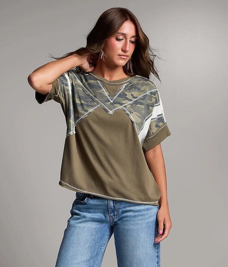 Raw Edge Pieced Camo Top