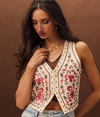 Studded Floral Denim Stretch Vest