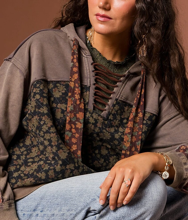 Pieced Floral Hooded Sweatshirt