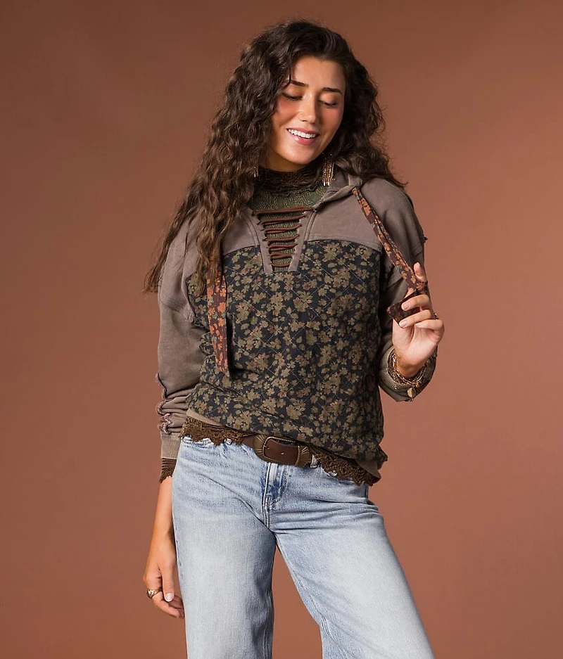 Pieced Floral Hooded Sweatshirt