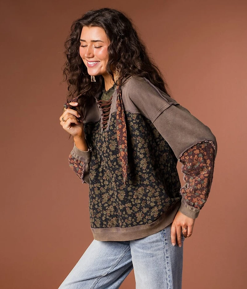 Pieced Floral Hooded Sweatshirt