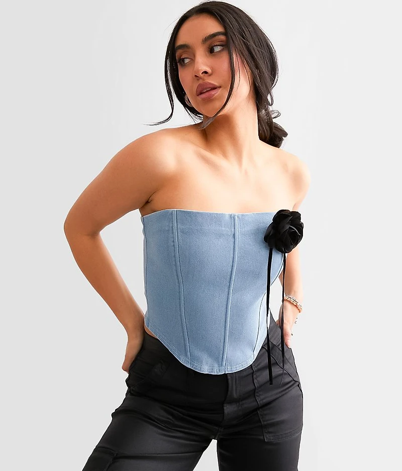 Rosette Denim Corset Tube Top