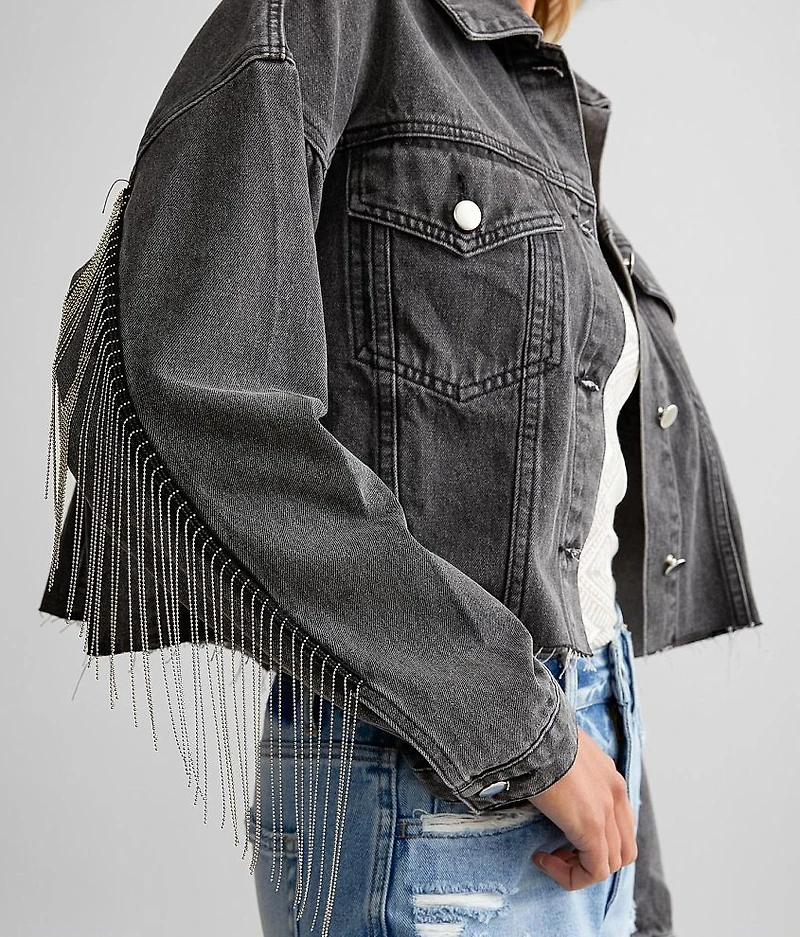 Shot Bead Fringe Cropped Denim Jacket