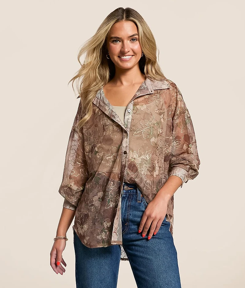 Foiled Floral Mesh Blouse
