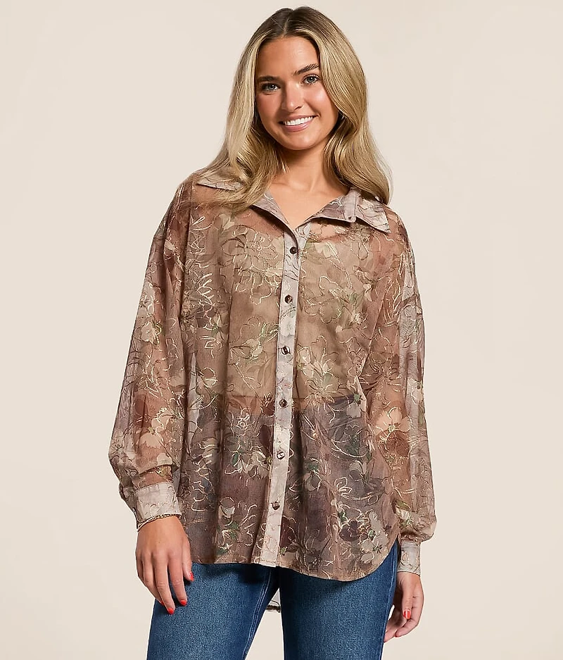 Foiled Floral Mesh Blouse