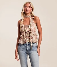Floral Ruffle Tank Top With Scarf