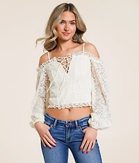 Cold Shoulder Floral Lace Cropped Top