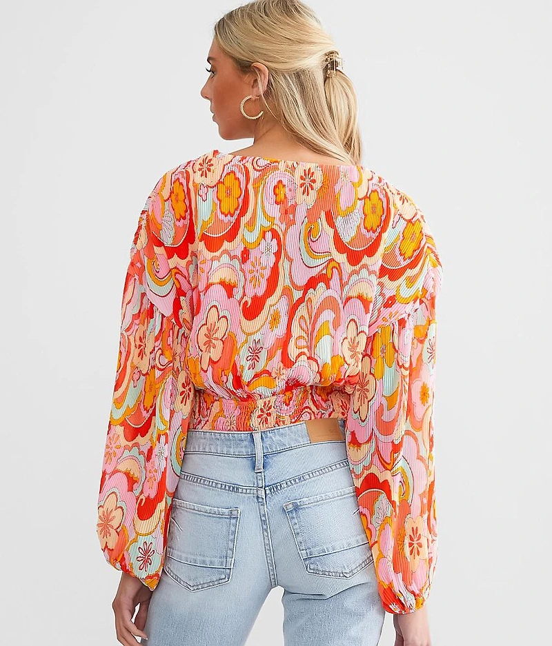 Pleated Surplice Retro Floral Cropped Top