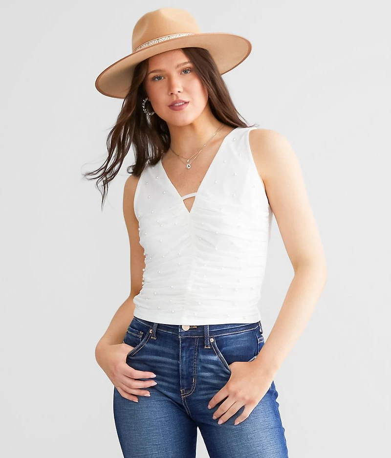 Faux Pearl Mesh Tank Top