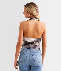 Shirred Mesh Cropped Halter Tank Top