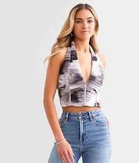 Shirred Mesh Cropped Halter Tank Top