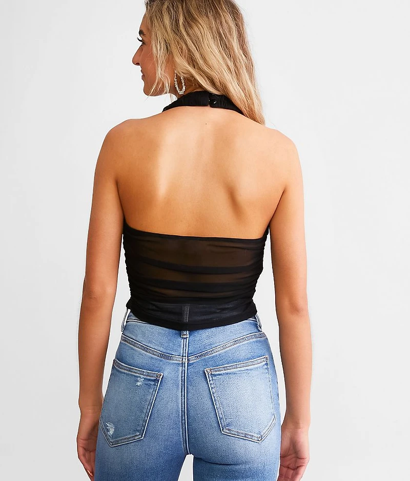 Shirred Mesh Cropped Halter Tank Top