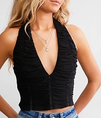 Shirred Mesh Cropped Halter Tank Top
