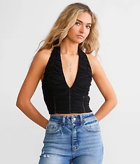 Shirred Mesh Cropped Halter Tank Top