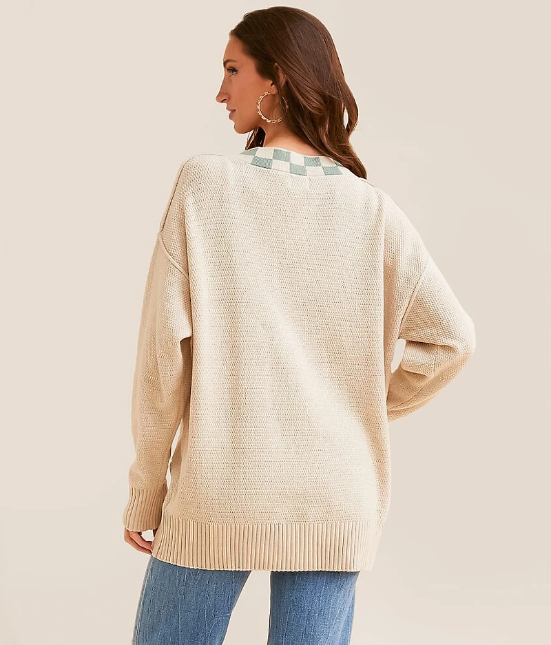Checker Trim Cardigan Sweater