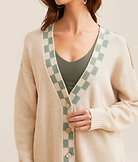 Checker Trim Cardigan Sweater