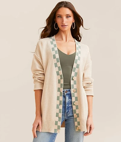 Checker Trim Cardigan Sweater