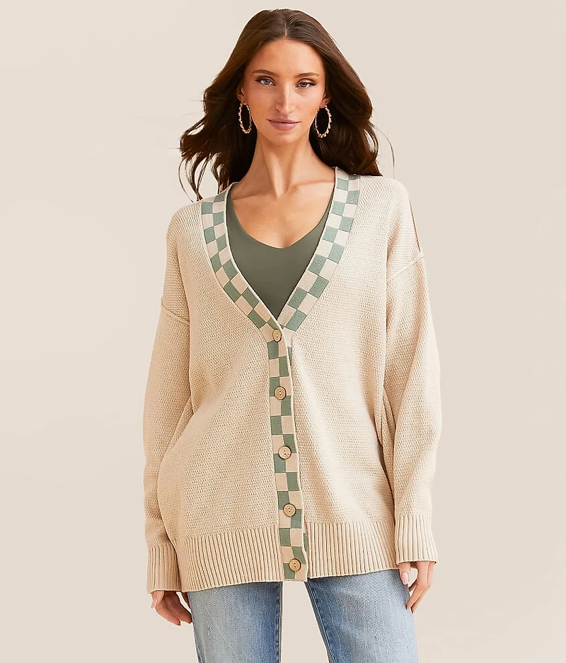 Checker Trim Cardigan Sweater