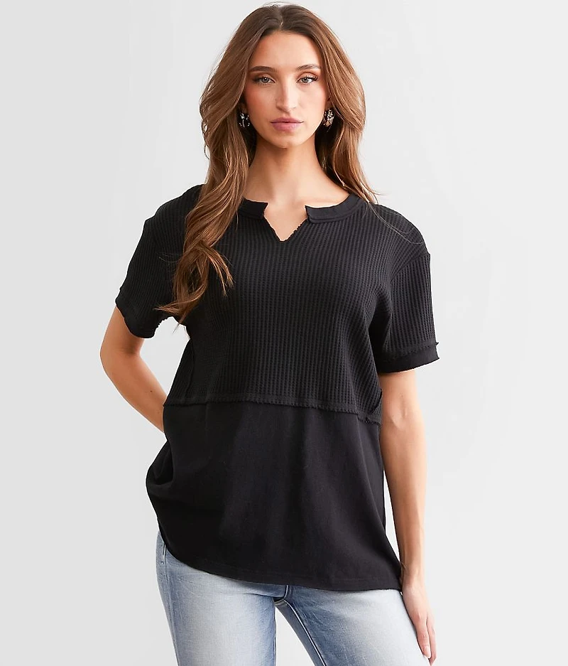 Split Neck Waffle Knit Top