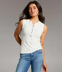 Lace Trim Henley Tank Top