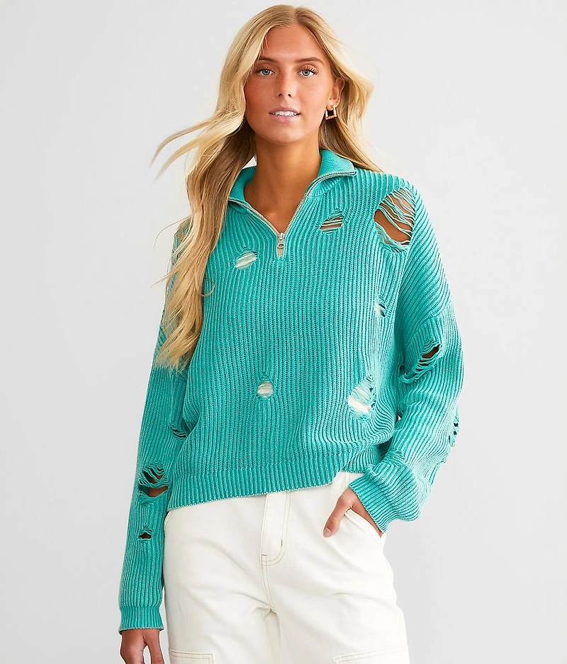 Destructed Quarter Zip Pullover Sweater