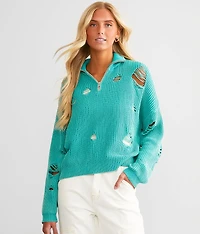 Destructed Quarter Zip Pullover Sweater