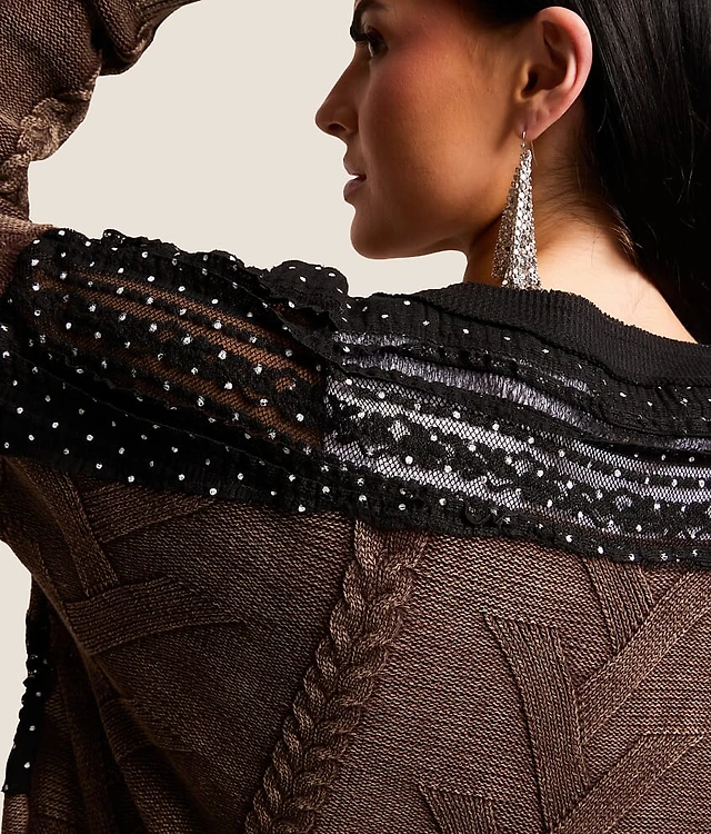 Pieced Polka Dot Lace Cardigan Sweater