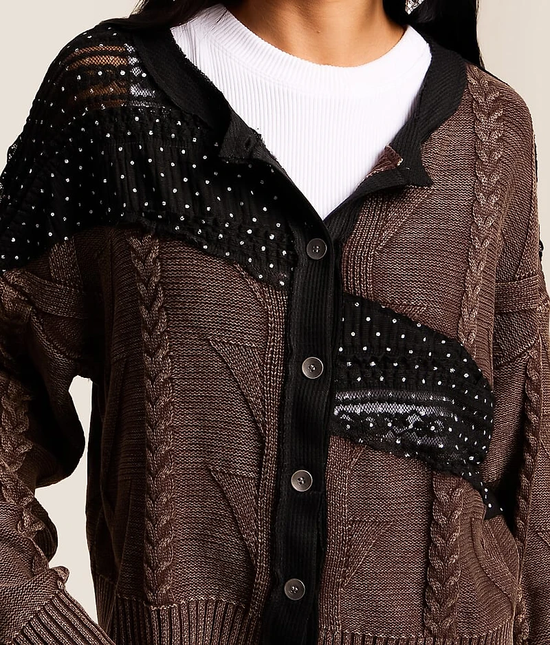 Pieced Polka Dot Lace Cardigan Sweater