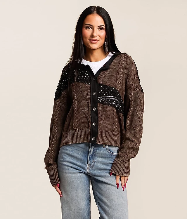 Pieced Polka Dot Lace Cardigan Sweater