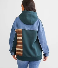 Pieced Denim Hooded Sweatshirt