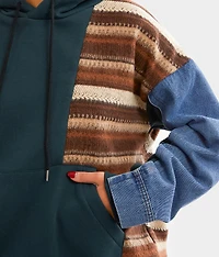 Pieced Denim Hooded Sweatshirt