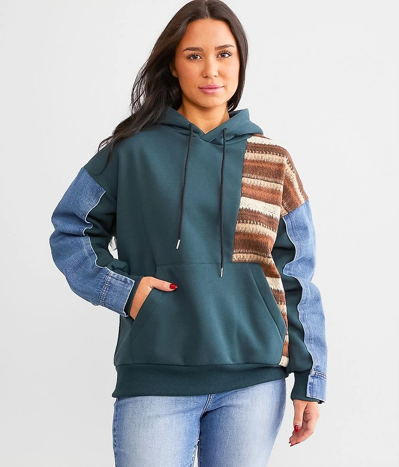 Pieced Denim Hooded Sweatshirt